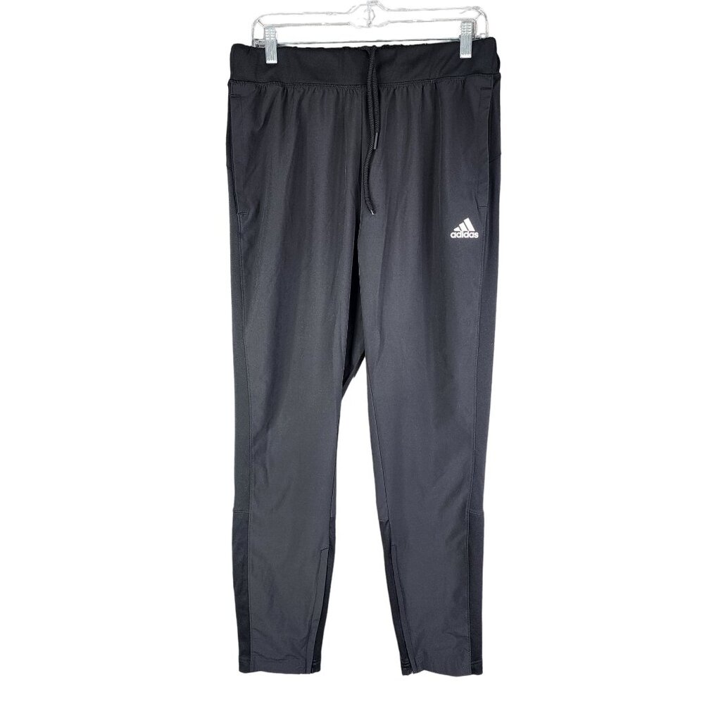 Mens Black Adidas Running Track Pants Athletic Training Wear Polyester Size L